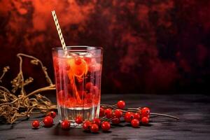 A glass with a red cocktail with ice and a straw with berries. The concept of preparing for Halloween. AI Generated photo