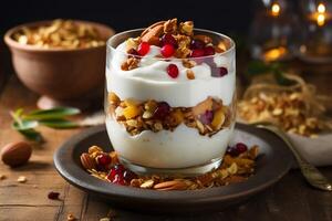 Granola in a glass with yogurt. photo