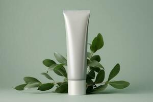 A mock-up of a tube of white cream with a lid on a background of eucalyptus leaves. AI Generated photo