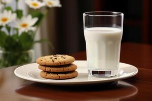 A glass of milk , cookies on a plate. AI Generated photo