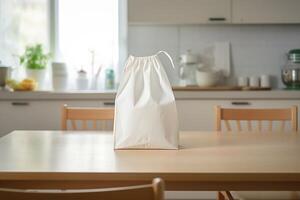 A mock-up of a white bag is on the kitchen table. AI Generated photo