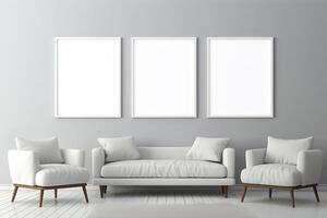 Living room with a sofa and a mock-up of white frames on the wall. photo