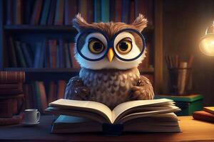 An owl with glasses is sitting in the library with a book. AI Generated photo