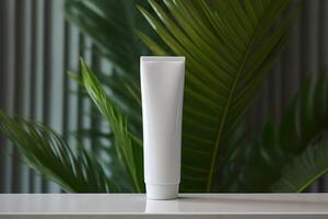 A mock-up white tube for cream on the background of palm leaves. photo
