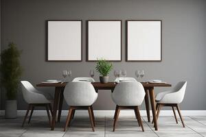 The interior of a modern Scandinavian-style dining room with empty frames on the wall. photo