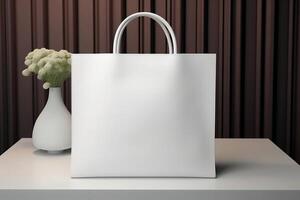 A mock-up of a white cloth bag is on the table. photo