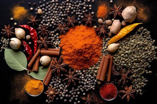 A lot of spices are scattered on the table. photo