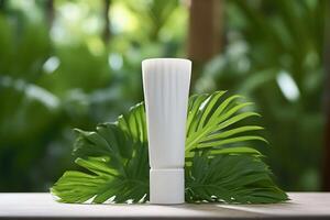 A mock-up white tube for cream on the background of palm leaves. photo