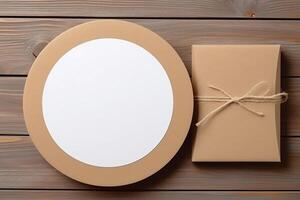 Layout white round sticker on the package. photo