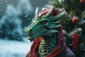 Green wooden dragon near the Christmas tree. AI Generated photo