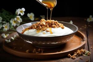Granola in a plate with yogurt and honey. photo