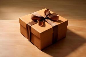 Brown square box with ribbon and bow. AI Generated photo