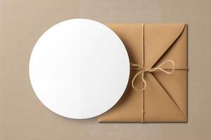 Layout white round sticker on the package. photo