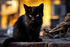 A homeless black kitten is sitting on the street. photo