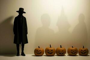A silhouette of a man in a hat stands near Halloween pumpkins with shadows on the wall. AI Generated photo