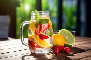 Lemonade with fruit in a transparent mug. AI Generated photo