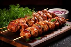 Shish kebab Nem Nuong on a skewer with parsley. AI Generated photo