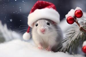 A mouse in a Santa Claus hat near the Christmas tree. photo