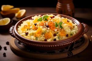 Couscous with greens, selective focus. AI Generated photo