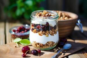 Granola in a glass with yogurt with berries and nuts. photo