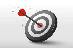 3d black dart hit to center of dartboard. Arrow on bullseye in target. Business success, investment goal, opportunity challenge, aim strategy, achievement focus concept. 3d vector illustration