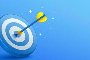 3d blue dart hit to center of dartboard. Arrow on bullseye in target. Business success, investment goal, opportunity challenge, aim strategy, achievement focus concept. 3d vector illustration