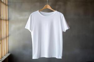 A white T-shirt is hanging on a hanger. AI Generative photo