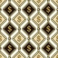 Seamless pattern with gold dollar sign in rhombuses of gold chains, beads. Vertical lined up elements on a beige background. vector