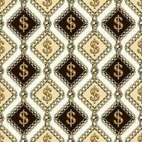 Seamless pattern with gold dollar sign in rhombuses of gold chains, beads. Vertical lined up elements on a beige background. vector