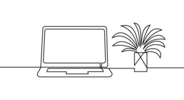 Continuous line drawing of laptop and flowerpot. Vector linear icon illustration