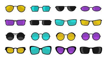 A set of icons of sunglasses with different colors of glasses, in different frames and shapes. Vector isolated illustration