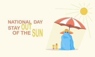 National stay out of the sun day. Summer web banner. The character sits under an umbrella in a towel and sunscreen. Vector flat illustration