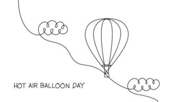 HOT AIR BALLOON DAY. Continuous outline hot air balloon and clouds. Vector contour illustration