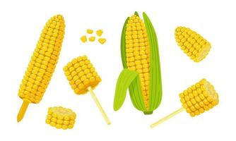 Set of sweet golden corn. Corn on the Cob, grains, cob on the holder, corn on a stick, corn slice, maize. Summer food vector illustration