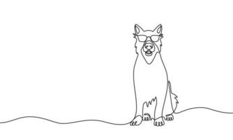 Continuous line drawing of a dog sitting with glasses. Vector banner illustration