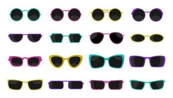 Set of sunglasses icons in different frames and shapes. Vector isolated illustration