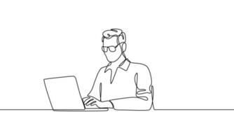 Continuous line drawing of a man with glasses sitting at a table and using a laptop for online work or education. Vector linear icon