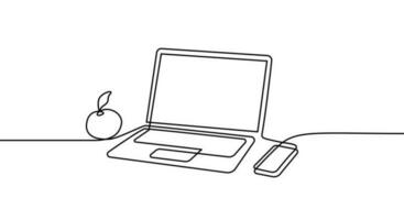 Continuous line drawing of laptop, apple and smartphone. Illustration of vector linear icon