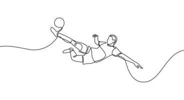 The football player kicks the ball. Continuous line drawing. Minimalist black linear sketch on a white background. Football vector illustration