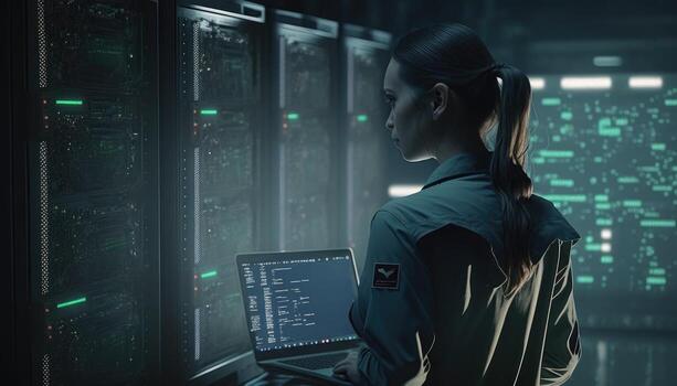 multiétnico hembra eso administrador caminando en servidor corredor diagnosticando hardware sistema actuación. generativo ai foto