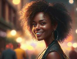 Black woman, happy in portrait with fashion and beauty outdoor, street style with natural hair, makeup and jewelry. Freedom, happiness and mockup with afro, person with mindset and glow. Generative AI photo