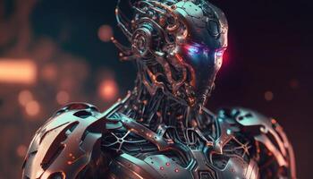 Modern futuristic male humanoid robot with metal outfit. concept of artificial intelligence or AI, shape of a man. Generative AI photo