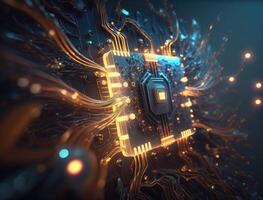 Abstract technology chip processor background circuit board and html code,3D illustration blue technology background. photo