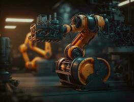 inteligente industria robot brazos para digital fábrica producción tecnología demostración automatización fabricación proceso. generativo ai foto
