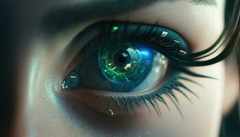 Close-up portrait of young and beautiful woman with the virtual hologram on her eyes photo