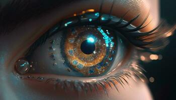 Close up view of eye with futuristic interface to display data. Augmented reality, future technology, internet concept. photo