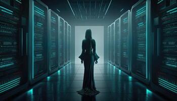 Female IT Specialist Uses Tablet in Data Center. Server Farm Cloud Computing Facility with Maintenance Administrator Working. Generative AI photo