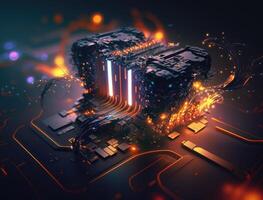 Abstract technology chip processor background circuit board and html code,3D illustration blue technology background. photo