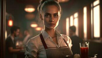 Portrait of cheerful young waitress in white shirt and apron holding tray with glass of wine. Generative AI photo