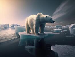 Polar bear on drift ice edge with snow and water in arctic sea. White big animal in the nature habitat. Wildlife scene from nature. Dangerous bear walking on the ice. Generative AI photo